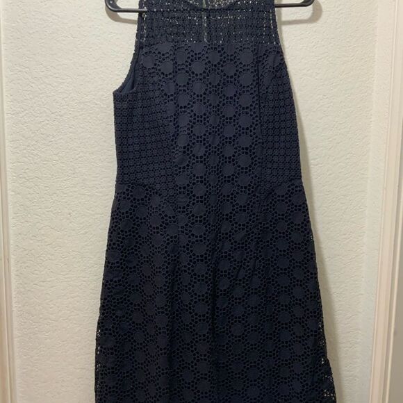 Tory Burch Hallie Eyelet Dress Women's Size 8 Navy Blue A Line Sleeveless Lined - Picture 4 of 9